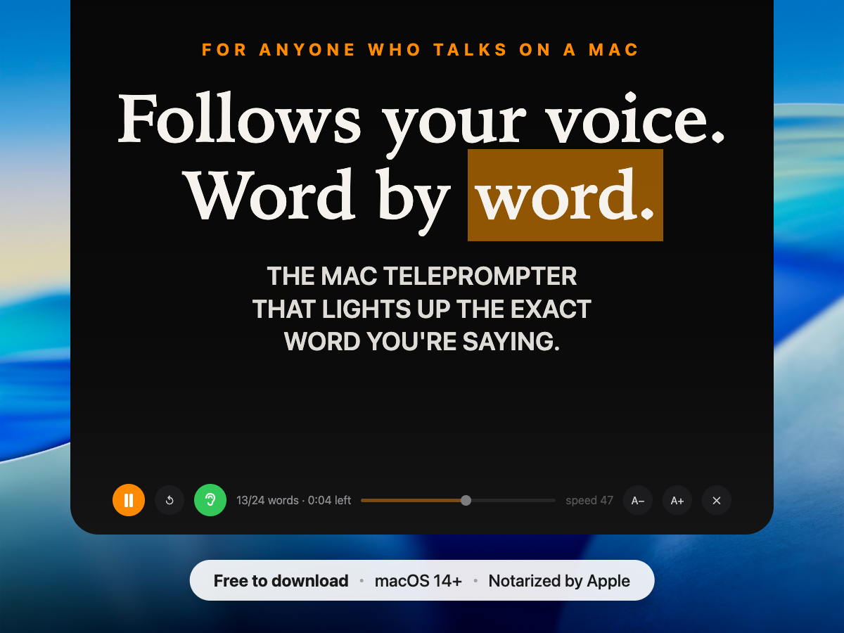 Tellie prompter showing the headline Follows your voice, word by word, with the current word backlit